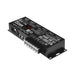 Moss LED VentiQuattro 24-channel DMX LED dimmer rear angle view showing DMX XLR input/output connectors, RJ45 ports, DC power input, and mounting brackets