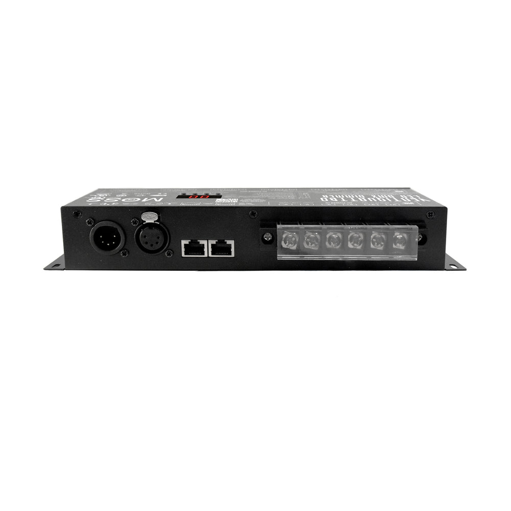 Moss LED VentiQuattro 24-channel DMX LED dimmer side view showing 5-pin DMX XLR connector, dual RJ45 network ports, and DC power input jack