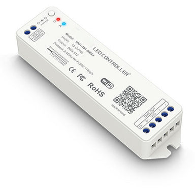 Moss LED WiFi 101 to DMX wireless LED controller converter white with blue terminal connectors CE FCC RoHS certified for LED strip lighting control