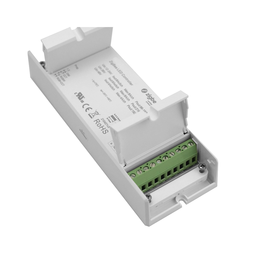 Moss LED ZigBee 5-channel LED controller 12V-48V white plastic housing with cover open showing green screw terminal output blocks specifications label with ZigBee logo CE RoHS UL certifications angled view on white background