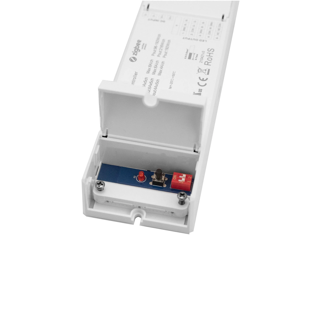 Moss LED ZigBee 5-channel LED controller 12V-48V white plastic housing open showing internal PCB circuit board with blue components DIP address switches red reset button and ZigBee specifications label on white background