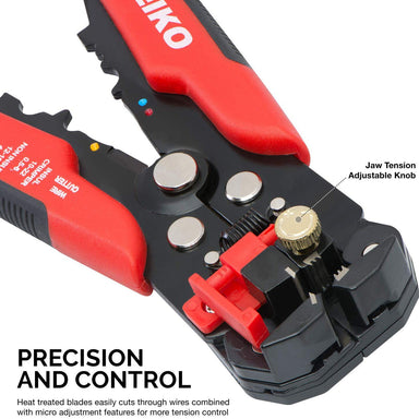 Neiko 01924A wire and cable strippers close up view jaw tension adjustable knob red and black handles precision and control