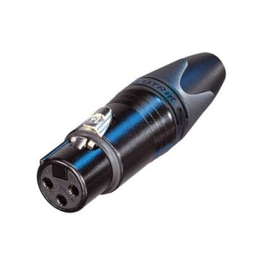 Neutrik NC3FXX-B 3-pin female XLR cable connector with black metal housing, blue accent ring, and gold-plated contacts for professional audio lighting