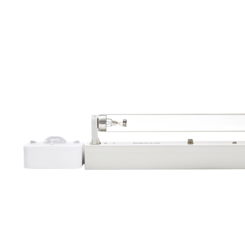 Osram AirZing PRO 5030 UNIV side view with open housing showing exposed UV-C germicidal tube and motion sensor