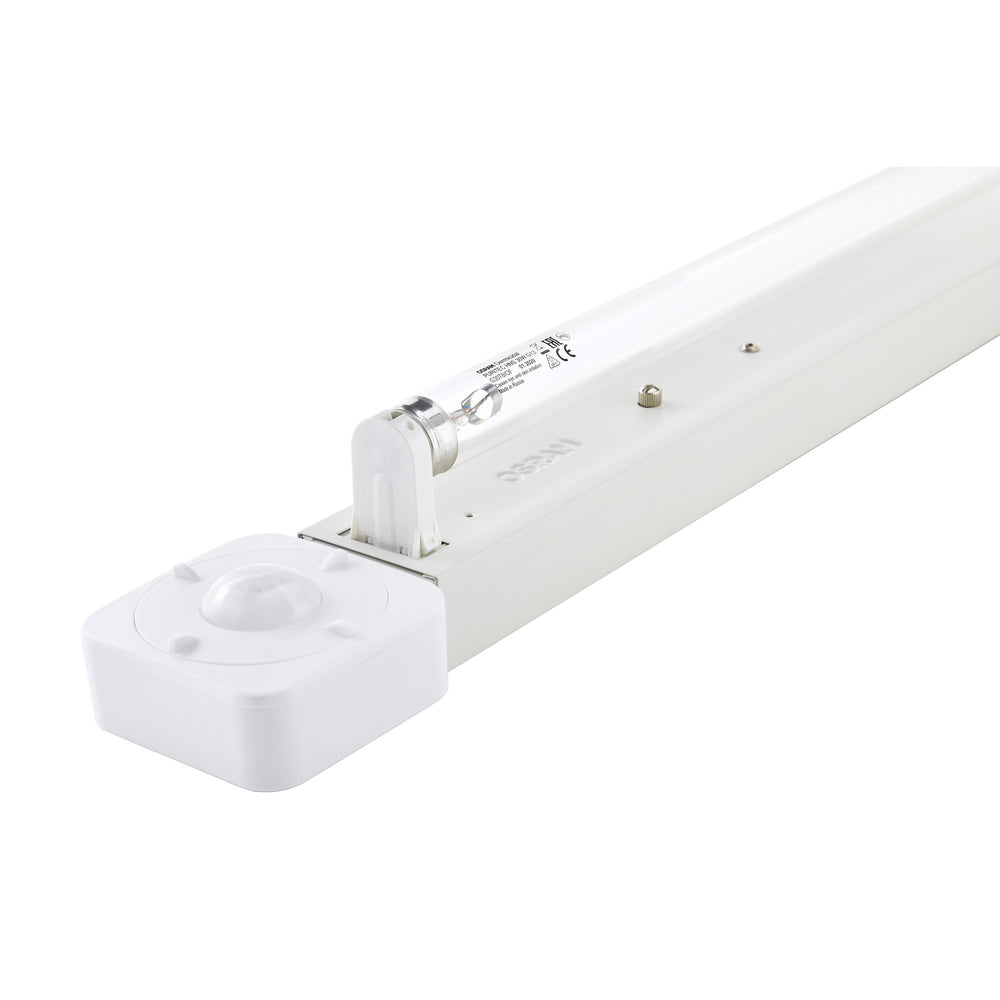 Osram AirZing PRO 5030 UNIV UV-C disinfection fixture angled view showing UV tube, motion sensor, and white housing