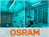 Osram AirZing UV-C disinfection in medical dental room application with Osram logo, showing ceiling-mounted UV fixtures