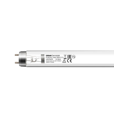Osram Germicidal G30T8OF UV-C replacement bulb close-up showing product label, CE marking, and tube construction detail