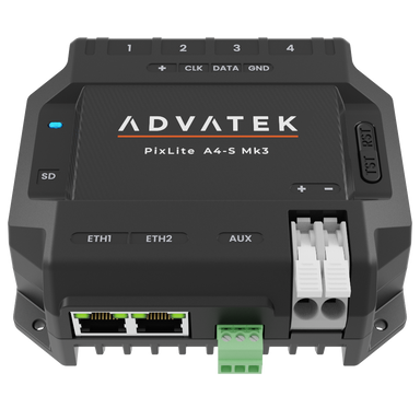 Advatek PixLite A4-S Mk3 pixel LED controller top front view showing four pixel output channels, dual ethernet ports, AUX power connector, and SD card slot on transparent background