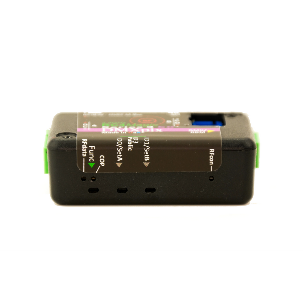 RC4 Wireless RC4Magic 2.4GHz Series 3 DMXpix dual pixel string driver front angle view showing status LEDs RFdata Func COP ID0 SetA ID1 SetB ID3 Public RFcon product label Phoenix connectors on white background