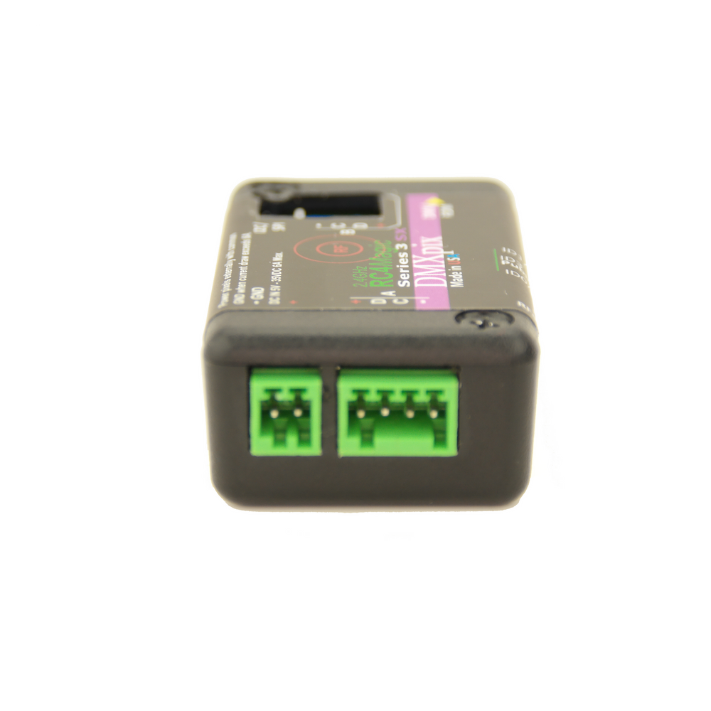RC4 Wireless RC4Magic 2.4GHz Series 3 DMXpix dual pixel string driver front connector view showing dual green 4-pin Phoenix connectors for Pix A and Pix B pixel string outputs product label branding on black compact housing on white background