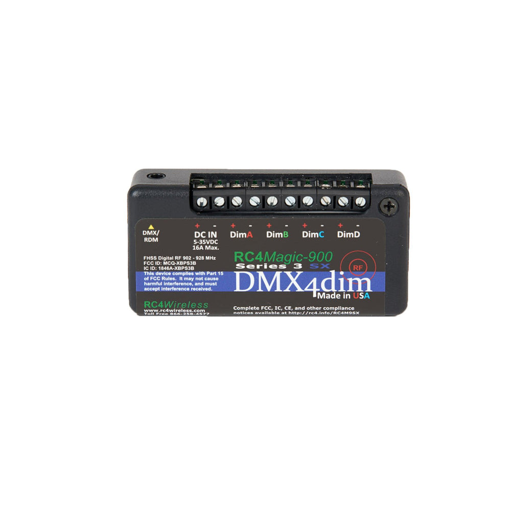 RC4 Wireless RC4M-900SX DMX4dim 4-channel wireless DMX dimmer front view showing DimA through DimD channels, DC input, and DMX/RDM connection