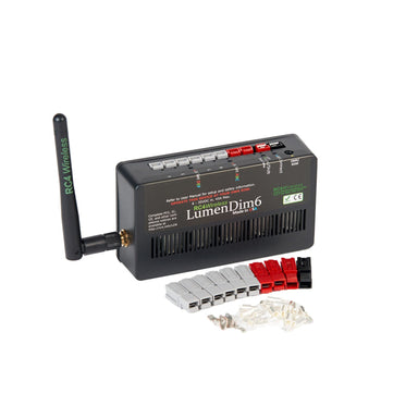 RC4 LumenDim6 6-channel CRMX wireless DMX dimmer with antenna and included Anderson Powerpole connectors and mounting screws on white background