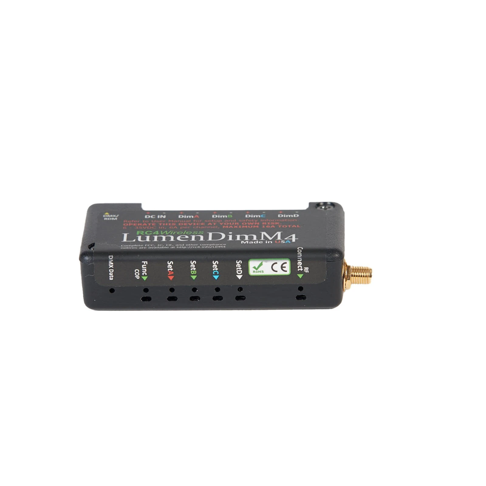 RC4 LumenDimM4 miniature wireless DMX dimmer front view with LED indicators and channel labels transparent background