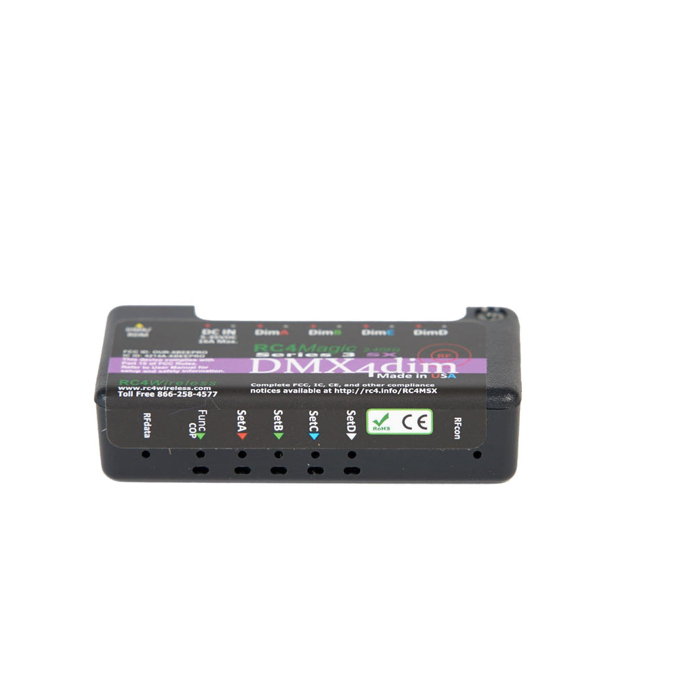 RC4Magic S3 DMX4dim wireless dimmer top view showing control buttons and label