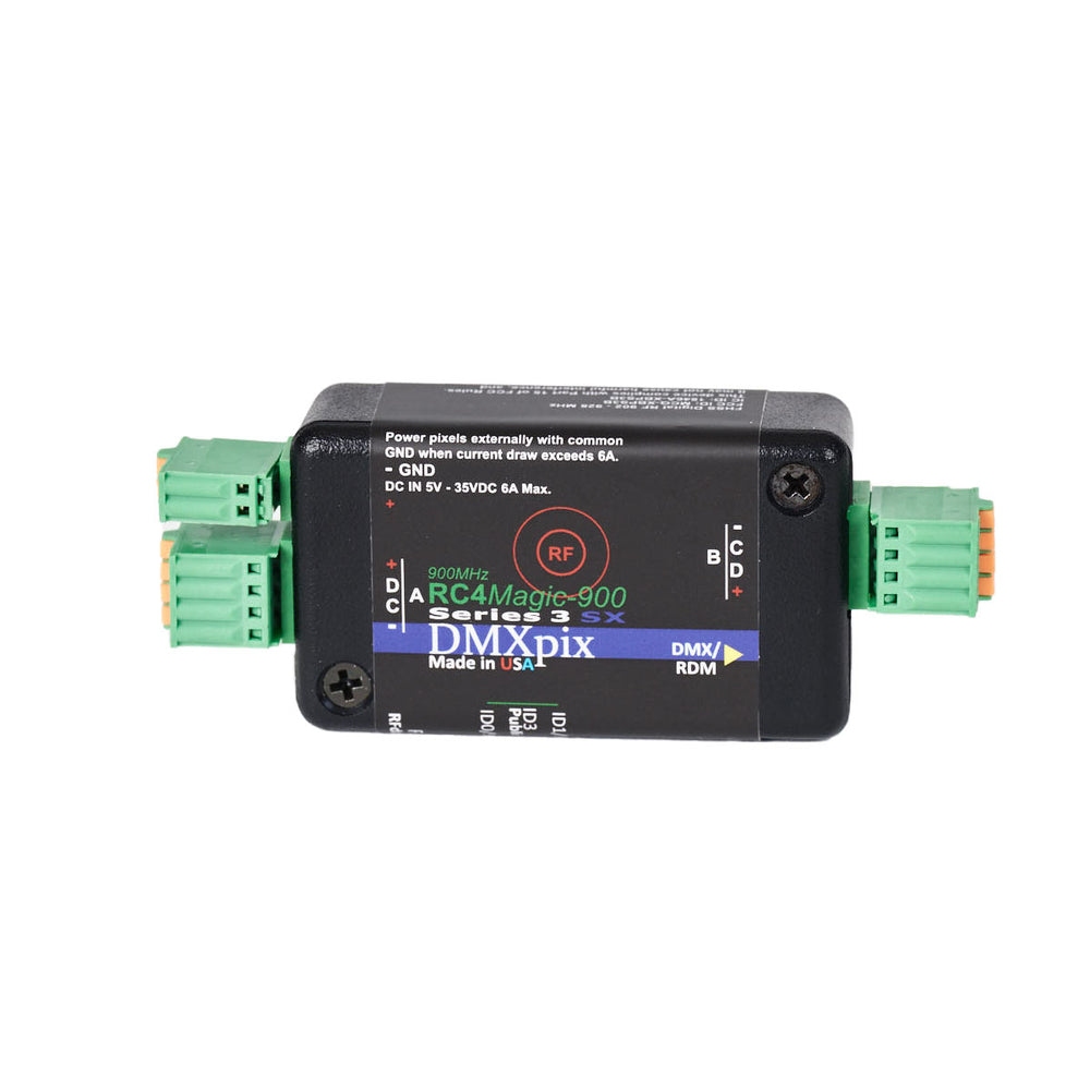 RC4 RC4Magic-900SX DMXpix top front angle view with dual Phoenix connectors installed, product label, RF indicator, and DMX/RDM output, white background