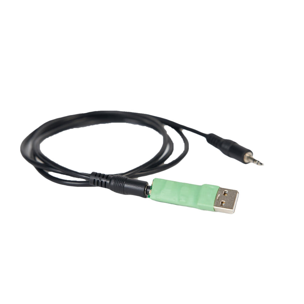 RC4 Series 3 CodeLoader cable USB-A to 3.5mm audio jack firmware update interface cable for RC4 wireless dimmers on white background
