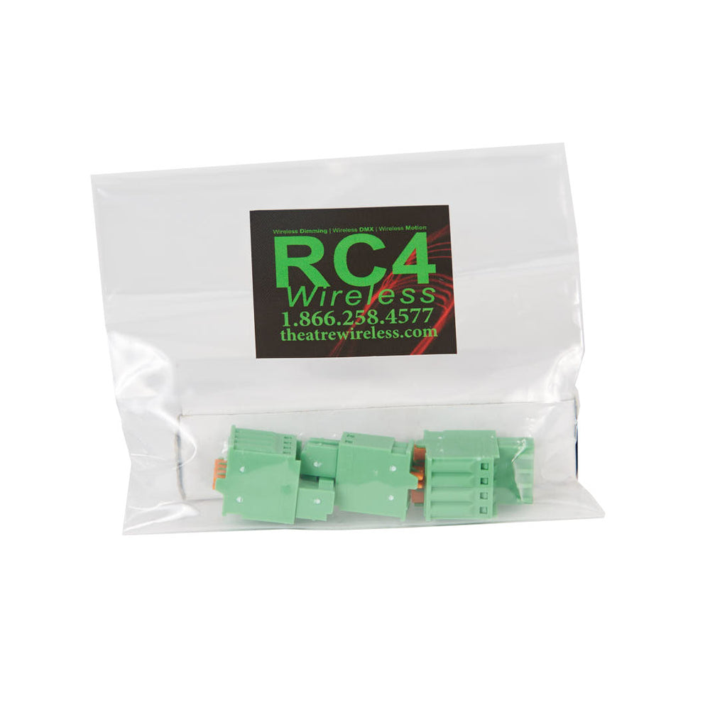 RC4 Wireless Phoenix Connectors kit for DMXpix and LumenDimPix green 2-pin and 4-pin connectors in clear plastic bag with RC4 Wireless branded sticker white background