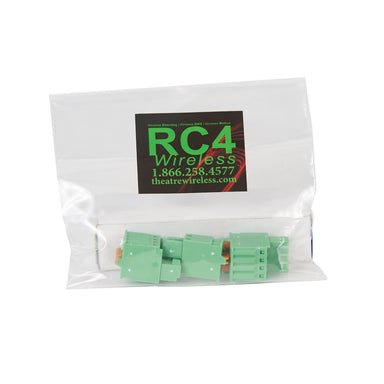 RC4 Wireless Phoenix Connectors kit for DMXpix and LumenDimPix green 2-pin and 4-pin connectors in clear plastic bag with RC4 Wireless branded sticker white background