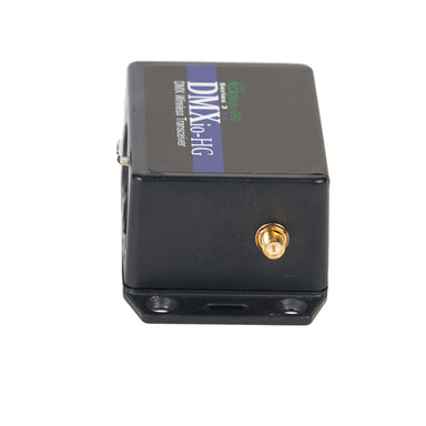 RC4 Wireless DMXio-HG 900MHz wireless DMX transceiver angled top side view showing Series 3 DMXio-HG DMX Wireless Transceiver branding gold SMA antenna connector compact black metal housing with mounting brackets on white background
