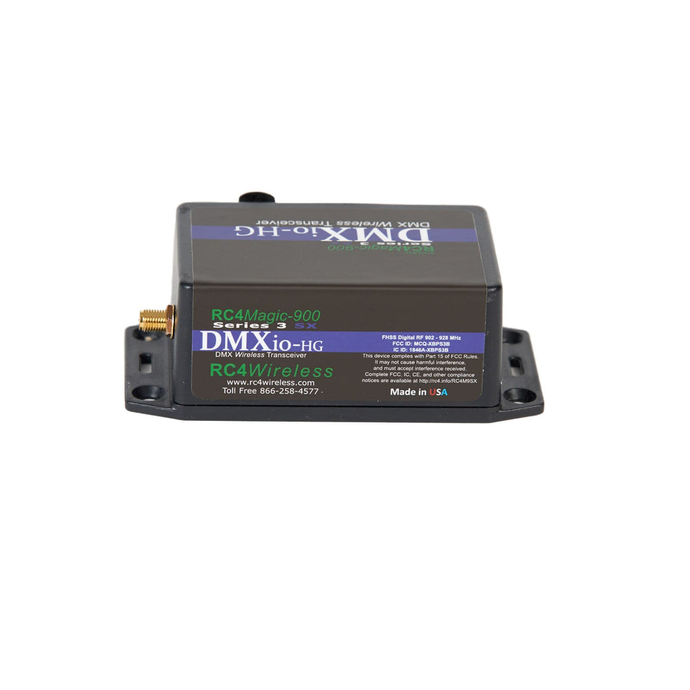 RC4 Wireless DMXio-HG 900MHz wireless DMX transceiver bottom label view showing RC4Magic 900 DMXio-HG branding product specifications SMA antenna connector mounting brackets Made in USA on white background