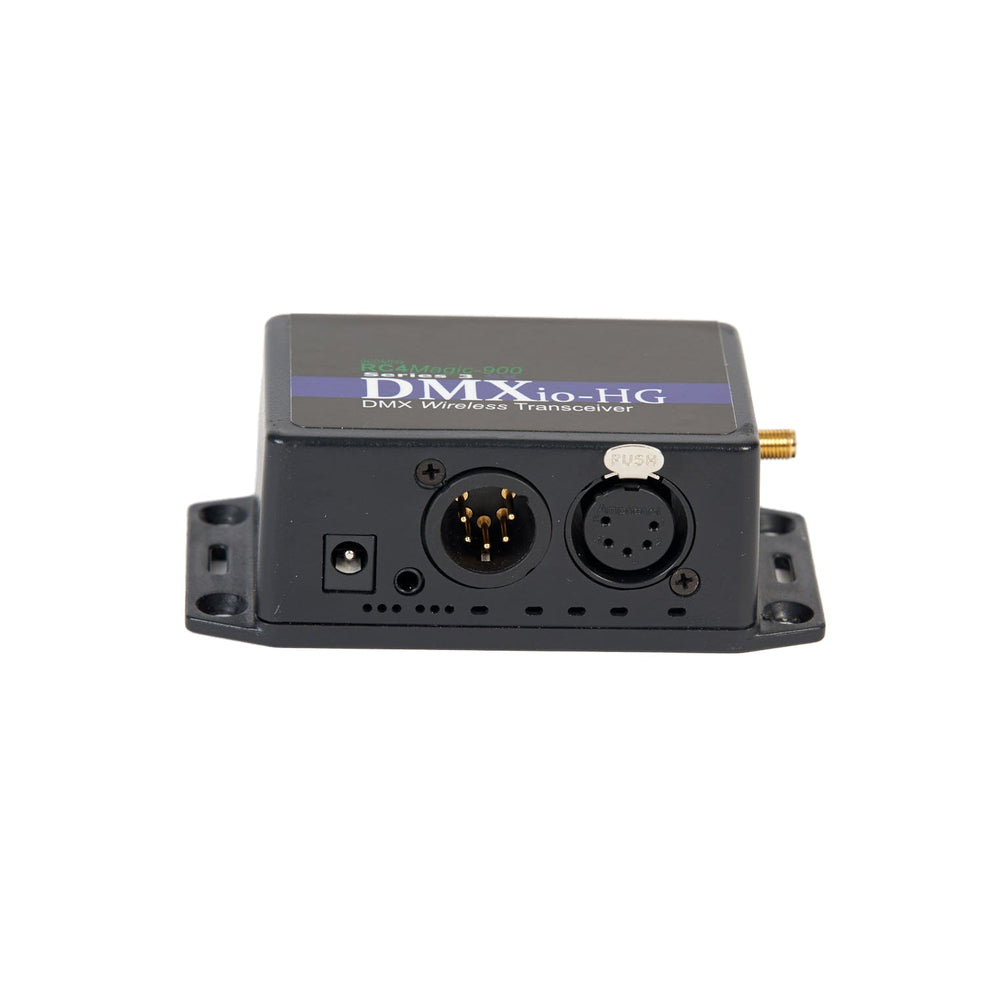RC4 Wireless DMXio-HG 900MHz wireless DMX transceiver front connector view showing 5-pin XLR male and female DMX input output connectors DC power jack SMA antenna connector DIP switches mounting brackets black housing white background
