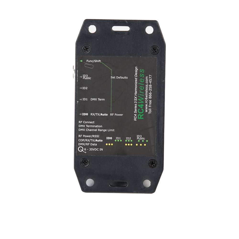 RC4 Wireless DMXio-HG 900MHz wireless DMX transceiver internal configuration panel view showing ID0 ID1 ID2 ID3 settings Func Shift Set Defaults DMX Term RX TX Auto RF Power buttons LED status indicators RF Connect DMX Termination DMX Channel Range Limit settings DC 6-35VDC power input RC4Wireless branding on white background