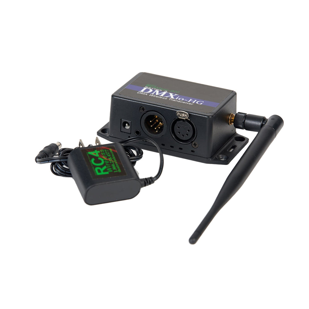 RC4 Wireless DMXio-HG 900MHz wireless DMX transceiver complete kit showing black housing with 5-pin XLR DMX connectors SMA antenna attached RC4 Wireless wall mount power adapter on white background