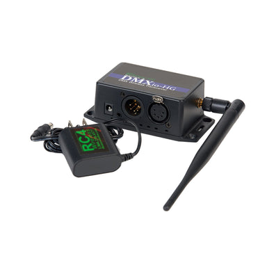 RC4 Wireless DMXio-HG 900MHz wireless DMX transceiver complete kit showing black housing with 5-pin XLR DMX connectors SMA antenna attached RC4 Wireless wall mount power adapter on white background