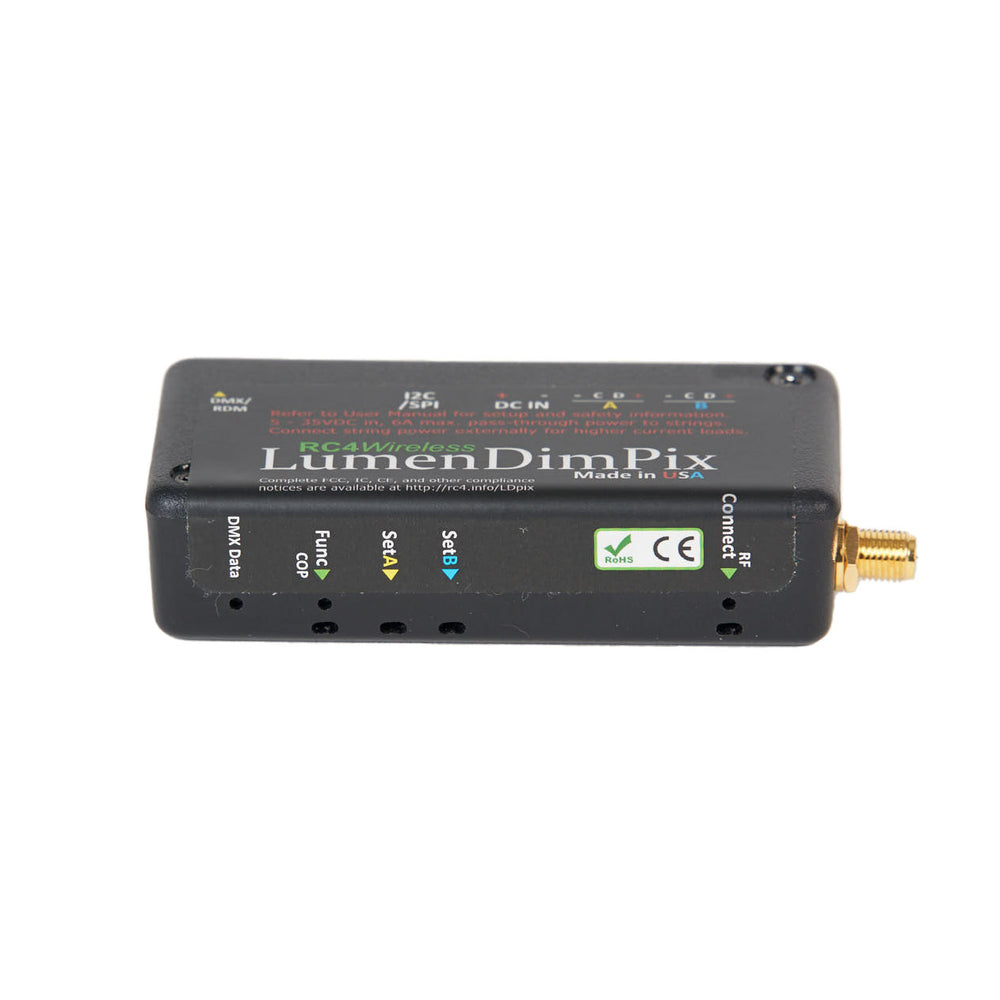 RC4 Wireless LumenDimPix wireless pixel DMX controller front panel view showing DMX Data Func SetA SetB Connect buttons CE RoHS certification marks SMA antenna connector black housing white background