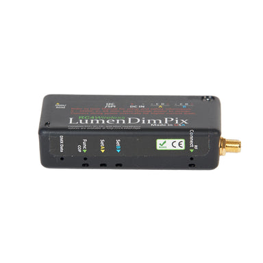 RC4 Wireless LumenDimPix wireless pixel DMX controller front panel view showing DMX Data Func SetA SetB Connect buttons CE RoHS certification marks SMA antenna connector black housing white background