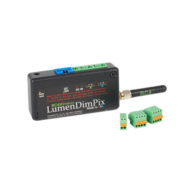 RC4 Wireless LumenDimPix wireless pixel DMX controller complete kit showing unit with SMA antenna attached and included green screw terminal connector plugs for pixel data and power on white background