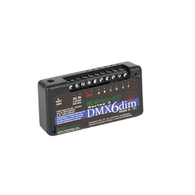 RC4 Wireless RC4Magic-900 Series 3 DMX6dim 6-channel wireless DMX dimmer front angle view showing black compact housing with screw terminal outputs A through F DC IN power connector DMX RDM input red green status LEDs and RC4Wireless branding on white background