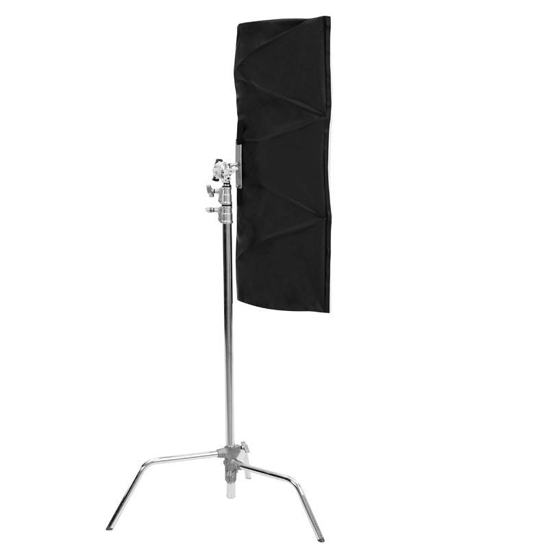 SNAPBAG softbox for Astera 3 tubes AX1 and Titan collapsed folded on C-stand narrow profile view black exterior fabric