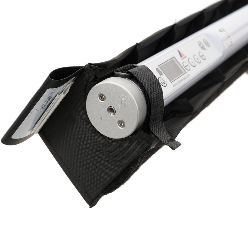 SNAPGRID 40 degree for Astera AX1 Titan end detail showing tube mounting end cap display screen and carry bag flap close-up