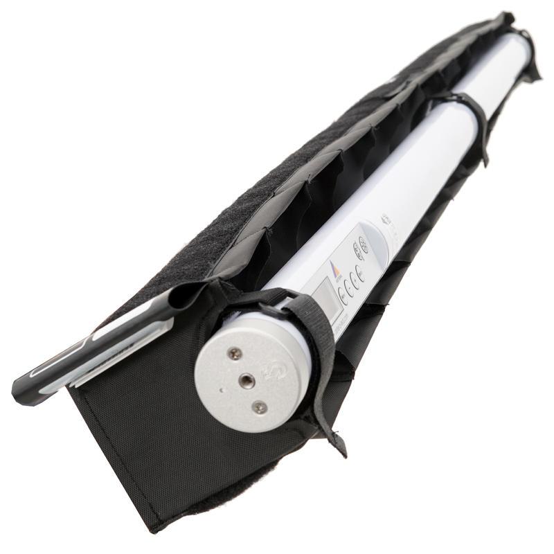 SNAPGRID 40 degree wrapped around Astera AX1 Titan tube showing end cap mounting point display buttons and included carry bag