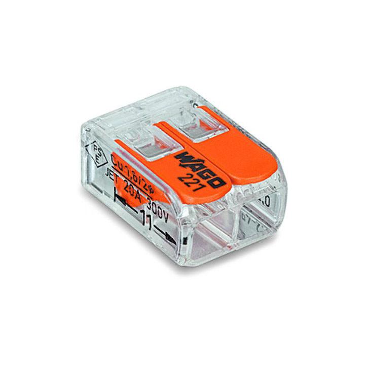 WAGO 221-412 spring-loaded quick-clamp splice connector 2-position with transparent housing and orange levers for wire splicing on white background