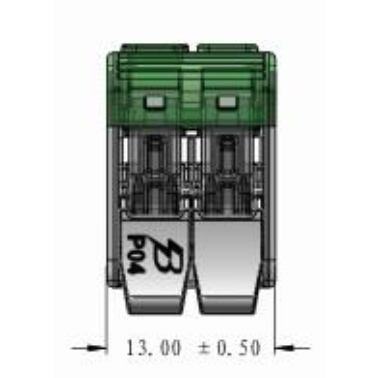 WAGO 221-412 technical drawing showing 2-position spring-loaded quick-clamp splice connector dimensions 13.00mm width front view engineering diagram