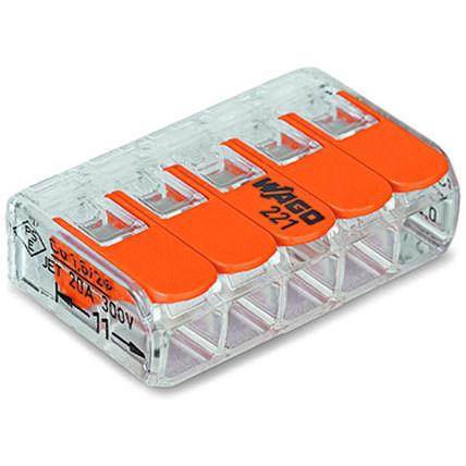 WAGO 221-415 spring-loaded quick-clamp splice connector 5-position with transparent housing and orange levers for wire splicing on white background