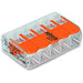 WAGO 221-415 spring-loaded quick-clamp splice connector 5-position with transparent housing and orange levers for wire splicing on white background