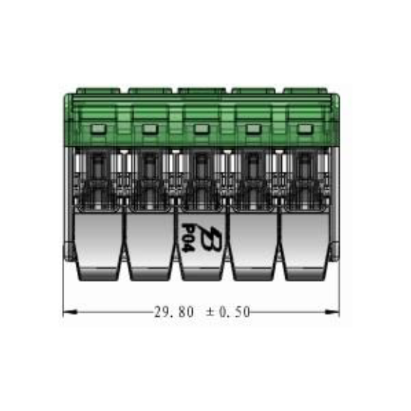 WAGO 221-415 technical drawing showing 5-position spring-loaded quick-clamp splice connector dimensions 29.80mm width front view engineering diagram
