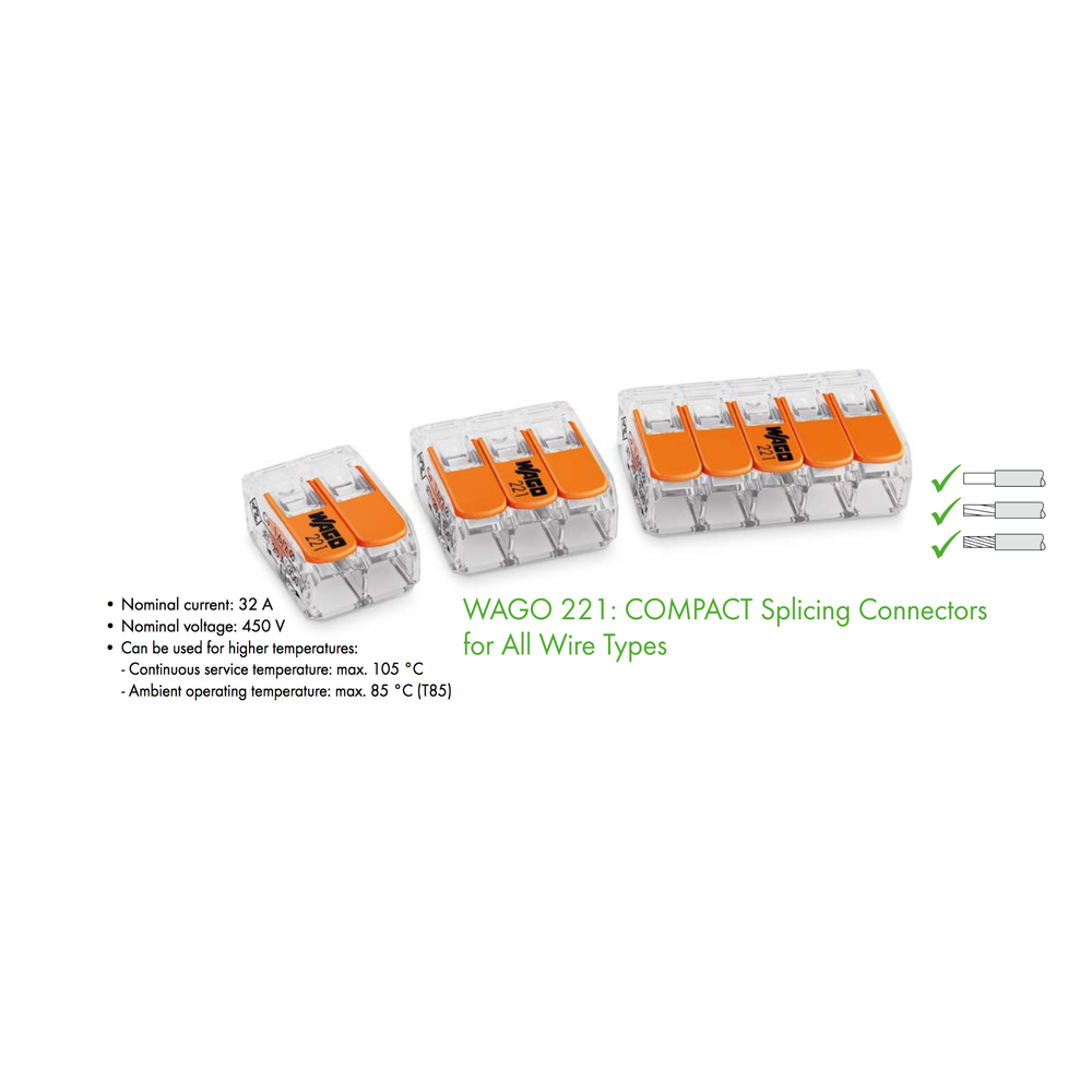 WAGO 221 series compact splicing connectors family overview showing 2-position 3-position and 5-position models with specifications 32A 450V rating for all wire types