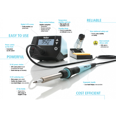 Weller WE1010-NA soldering station features infographic showing 70W power digital LCD screen ESD safe design ergonomic handle temperature stability and ET tip family