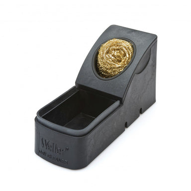 Weller WDC dry cleaning system for soldering iron tips with brass wool sponge in black housing, lid open showing metal wool ball and flux collection tray
