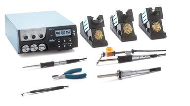 Weller WXR 3 complete rework station system showing blue control unit with three-channel LCD display temperature settings tool holders with brass wire sponges soldering irons desoldering tool hot air pencil tweezers pliers and accessories for professional electronics rework and repair on white background