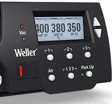 Weller WXR 3 rework station LCD display closeup showing three-channel temperature readings 400 380 350 degrees Celsius with Vac red green status indicators channel 1 2 3 tool connection ports Air 1 2 3 and Pick Up controls with green activity LEDs on black control unit front panel