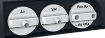 Weller WXR 3 rework station pump control panel closeup showing three silver rotary adjustment dials labeled Air Vac and Pick Up for controlling airflow vacuum and component pickup on the front panel of the soldering rework station
