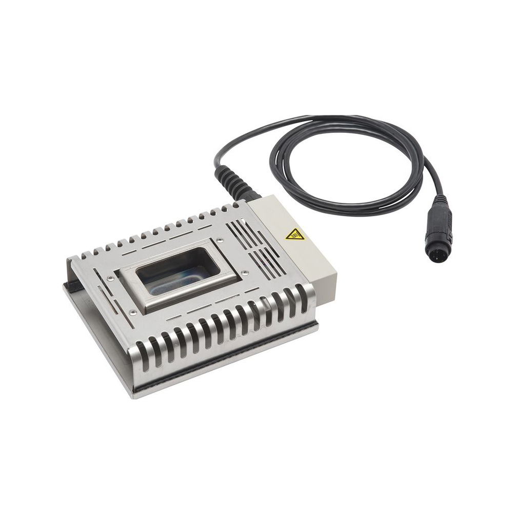 Weller WXSB200 soldering bath solder pot front angle view showing silver metal housing with heat sink fins square solder well opening caution warning label and attached cable with connector for professional soldering and tinning applications on white background
