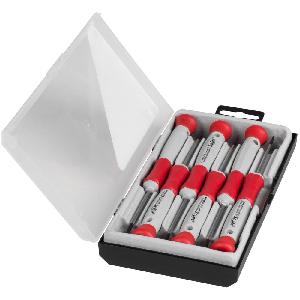 Xcelite XP600 precision screwdriver kit with 6 chrome vanadium screwdrivers in open carrying case featuring red no-roll handles