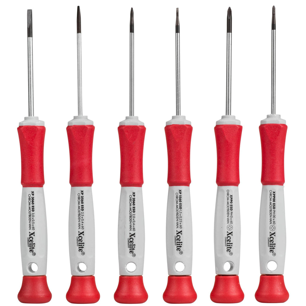 Six Xcelite XP600 precision screwdrivers standing upright showing flathead and phillips tips with red and white no-roll handles
