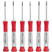 Six Xcelite XP600 precision screwdrivers standing upright showing flathead and phillips tips with red and white no-roll handles